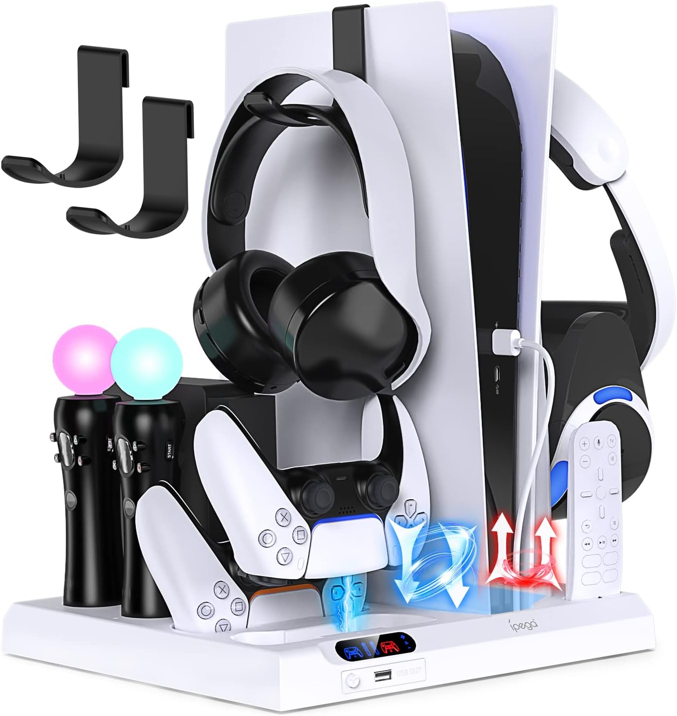 FYOUNG Upgrade Vertical Stand for PS5 with Cooling Fan and Controller Charging Station, Display Charging Stand for PSVR Playstation with Headst Holder, Game Storage Organizer&Remote Control Slot