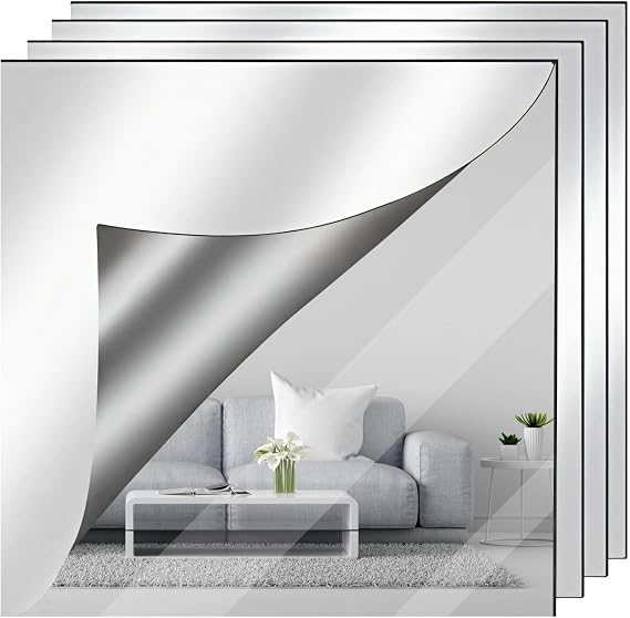 4 Pcs Flexible Acrylic Mirror Sheets, Self-Adhesive Silver Reflective Panels for DIY Home and Office Decoration