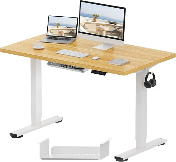 FLEXISPOT E1 Plus ONE PIECE Electric Standing Desk Height Adjustable 120 x 60cm, Sit Stand Desk with 4 Memory Smart Panel, White Frame+Maple Desktop