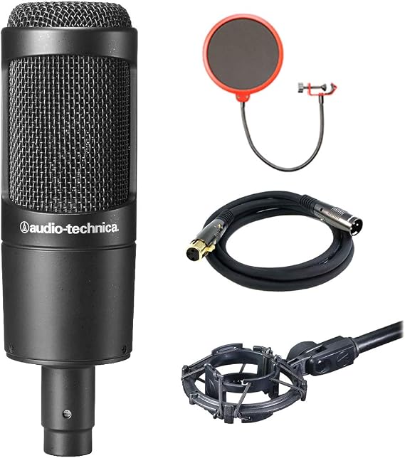 Audio-Technica (AT2035 Large Diaphragm Studio Condenser Microphone Bundle + Universal Pop Filter Wind Screen w/Stand Clip + 10 Premier Series XLR Male - Female 16AWG Cable + Microphone Shock Mount