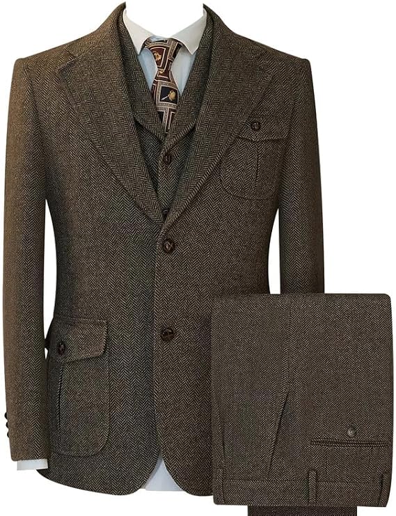 HBDesign 3 Piece Herringbone Suit for Men Flap Patch Pockets Design