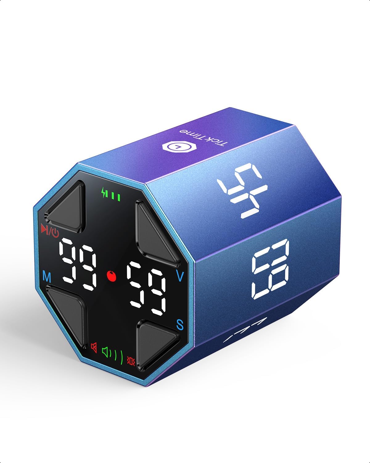 Ticktime Pomodoro Timer Cube, Auto 25/5 & Custom Pomodoro, Flip Countdown Presets (3/5/10/15/30/45/60 Min) & Custom Timer (1s–99:59), Stopwatch, Rechargeable, Silent/Sound/Vibration, Magnetic, Blue