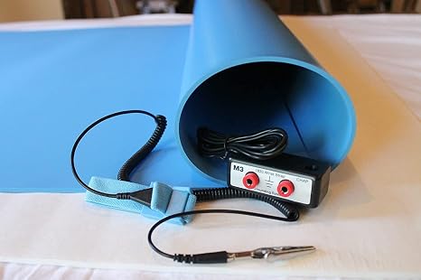 ESD Dissipative Workbench, Desktop Mat with Grounding Cable, Wrist Strap, and Dual Bench Grounding - Three Layer Vinyl (3ft by 6ft, Blue)