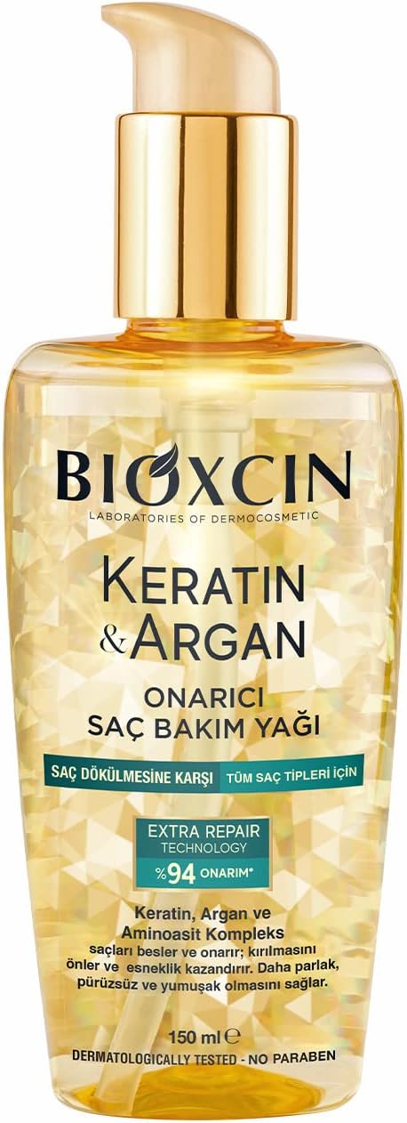 Bioxcin Keratin & Argan Onarıcı Saç Bakım Yağı 150 ml – Yıpranmış Saçlar İçin Nemlendirici ve Parlaklık Veren Bakım