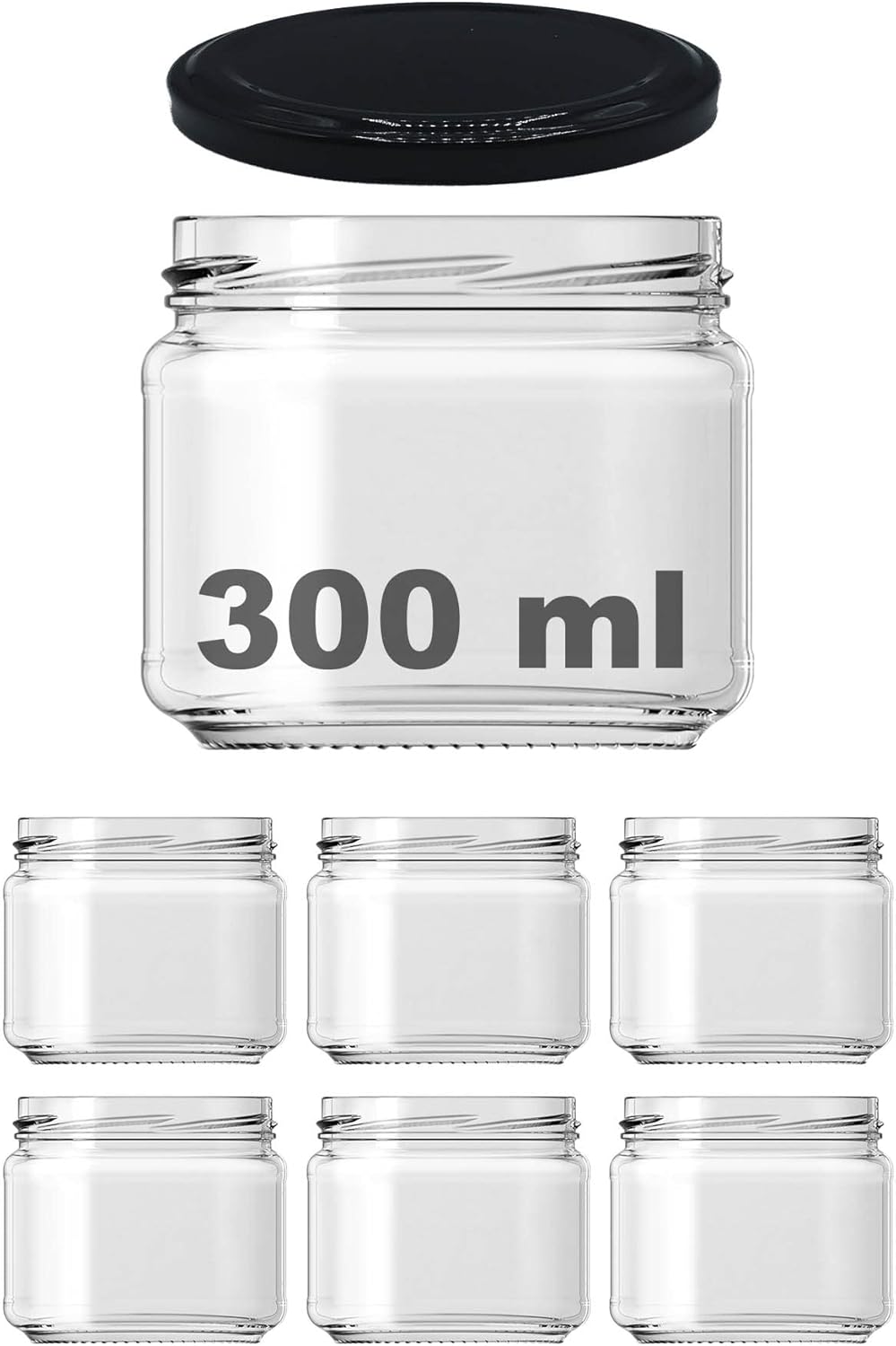 Afracam 10-1000 ml Different Sizes Jar Between 10-1000 cc Canned Glass Jar with Metal Lid 6 Pieces Transparent, 300 cc