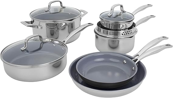 HENCKELS Clad H3 10-pc Induction Ceramic Nonstick Pot and Pan Set, Stainless Steel, Durable and Easy to Clean