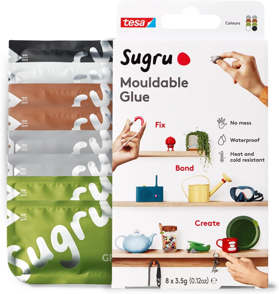 Sugru by tesa - Mouldable Multi-Purpose Glue for Creative Fixing and Making, Black, White, Green, Brown and Gray, 8-Pack