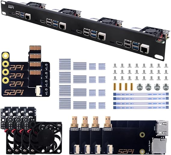 GeeekPi 1U Rack Kit for Raspberry Pi 4B 19 1U Rack Mount Supports 1-4 Units with 4 Raspberry Pi Fans Heatsink Micro HDMI to HDMI Boards TF Card to FPC Boards for Raspberry Pi 4B