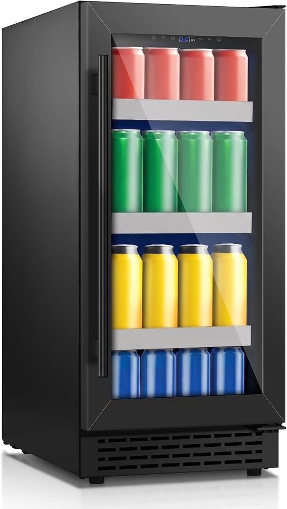 15 Inch Black Beverage Refrigerator, 130 Cans Beverage Cooler Under Counter,Freestanding 37-65F Mini Beverage Fridge with Glass Door& Stainless Steel Shelves