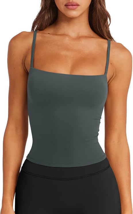 LASLULU Womens Sexy Square Neck Longline Sports Bra Padded Workout Tank Top | Square Neck Sports Bra,Built-In Removable Pads,Adjustable Spaghetti Straps,Buttery Soft,Crop Length for Yoga,Ballet,Pilates