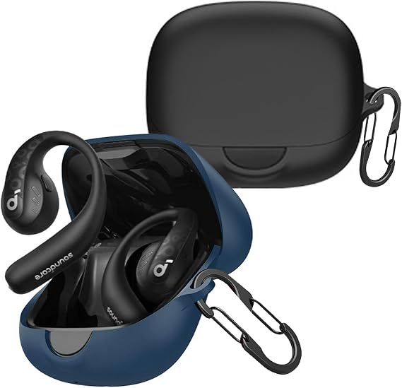[2 Pack] easyBee Case Compatible with Soundcore AeroFit Pro Open-Ear Bluetooth Headphone Charging Cover with 2 Keychain, Soft Liquid Silicone Ultra Thin Shockproof Protective Kit - Black and Blue