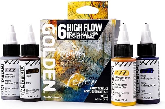 High Flow Acrylics by GOLDEN, High Flow Drawing & Lettering Set, 6 Colors, Professional Acrylic Paint