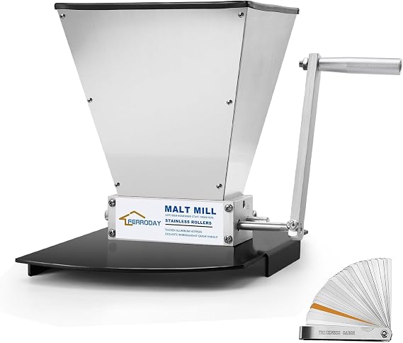 FERRODAY Malted Grain Mill for Grain Malt Barley, 2 Roller Stainless Steel | Heavy Duty Crusher Malt Mill Homebrew Grain Grinder, Adjustable Barley Crusher, Low Speed Drill, Manual Mill Metal Base
