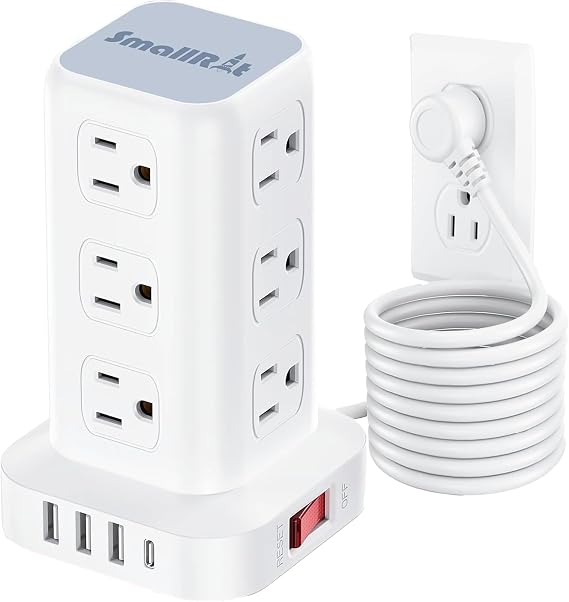Power Strip with 12 Outlets 4 USB (1 USB C), 10Feet Extension Cord with Multiple Outlets, Charging Station, Power Strip Tower, Home Office Desk Supplies