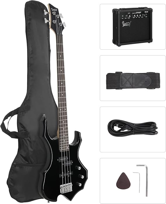 GLARRY Electric Bass Guitar 4 Strings Buring Fire Style Single Coil - Split Single Coil Pickups for Beginner Adults Right Hand w/ 20W Amp, Bag, Strap and Cord (Black)