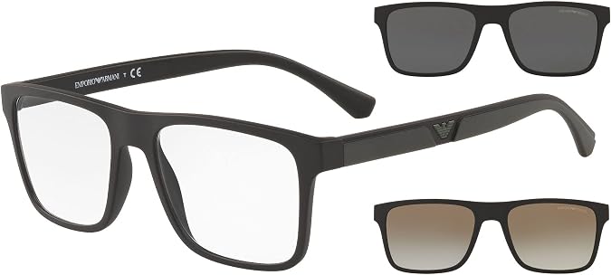 Emporio Armani Mens EA4115 Rectangular Eyewear Frames With Two Interchangeable Sun Clip-ons