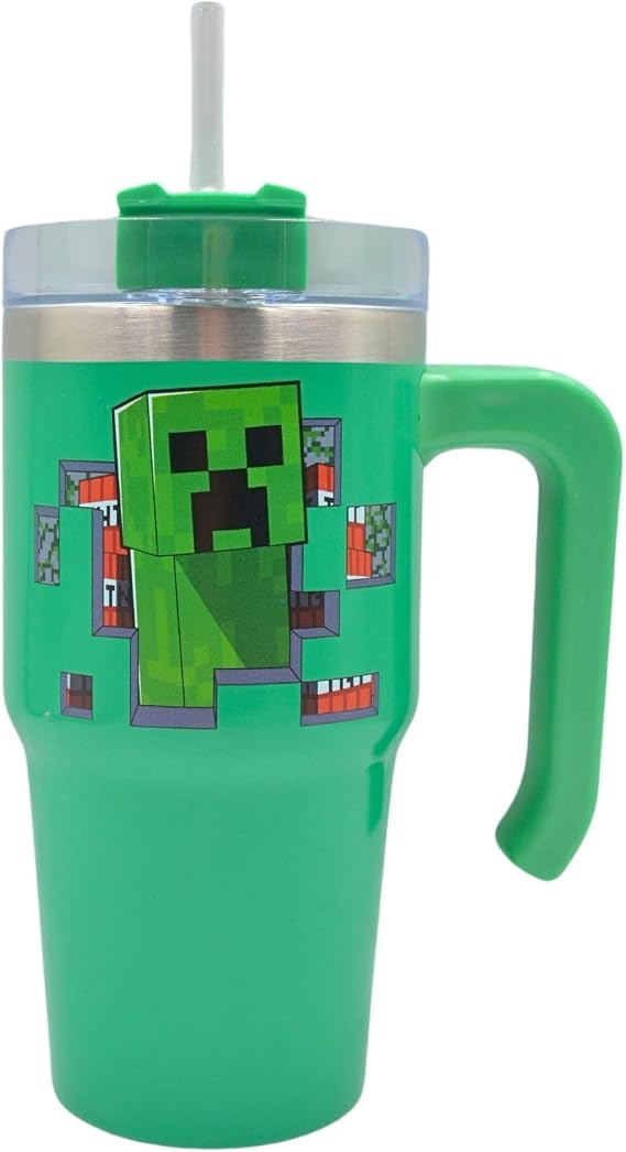 Minecraft 600ml Creeper Thermal Mug Water Bottle + Straw & Lid | Leak Proof Travel Cup | Stainless Steel Vacuum Insulated + Handle - Cold 17Hrs - Hot 5Hrs, Green