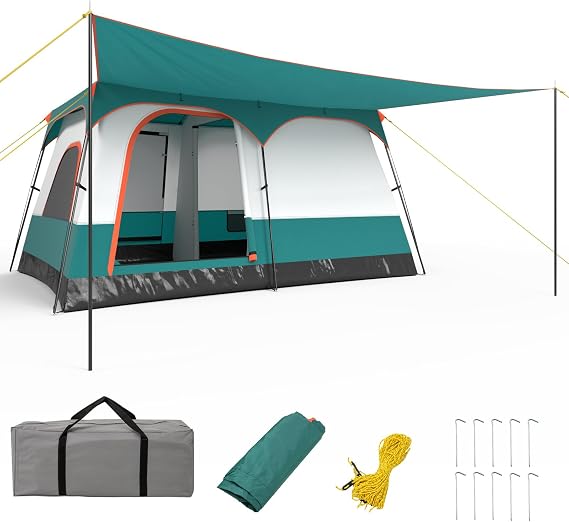 COSTWAY Tent for 6-8 People Large Camping Tent with Awning & Floor 2 Rooms & 2 Entrances Tunnel Tent Including Removable Roof & Carry Bag Family Tent for Camping Travel Trekking (3.8 x 2.6 x 1.9 m)