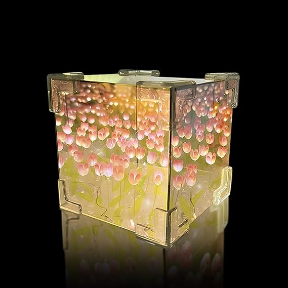 Tulip Night Light DIY,Tulips Cube Mirror Lamp,2 in 1 Pink Tulips Flower Magic Light,Infinite Tulips lamp for Girl Friend Gift Table Decor
