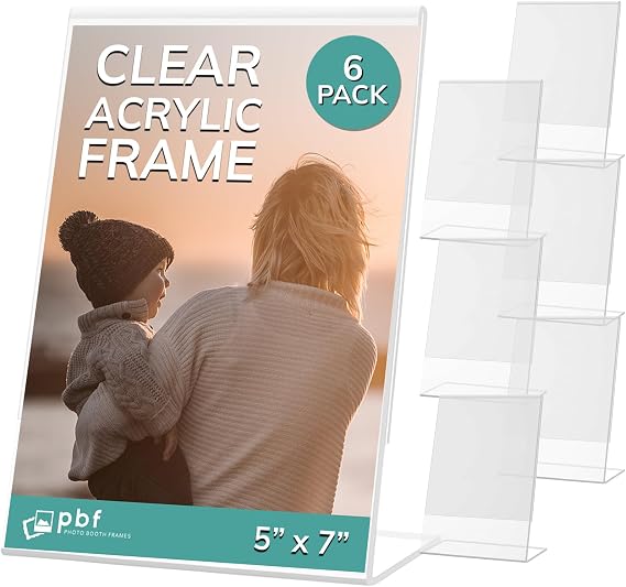 pbf 5x7 Acrylic Sign Holder | Vertical Slanted Sign Stand | Clear Picture Frame, Menu Table Top Display, Plastic Flyer Holder (6-Pack)