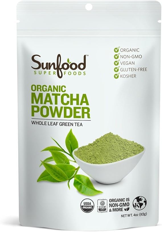 Sunfood Superfoods Organic Matcha Powder - Matcha Green Tea Latte Powder, Enjoy Iced or Hot, Caffeinated, Zero Added Sugar, Non GMO, USDA Organic, Gluten Free, Vegan - 4 oz