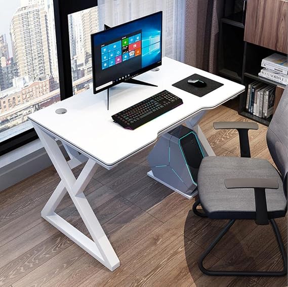 Bestier I-Shaped Gaming Desk, Computer Desk, X-Shaped Gaming Table, Gamer Workstation with Large Mouse Pad for Heavy Duty Metal and Wood Computer Desk for Gaming and Office, White