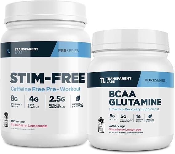 Transparent Labs Stim-Free Pre-Workout Powder (30 Servings, Strawberry Lemonade) & BCAA Glutamine (30 Servings, Strawberry Lemonade)