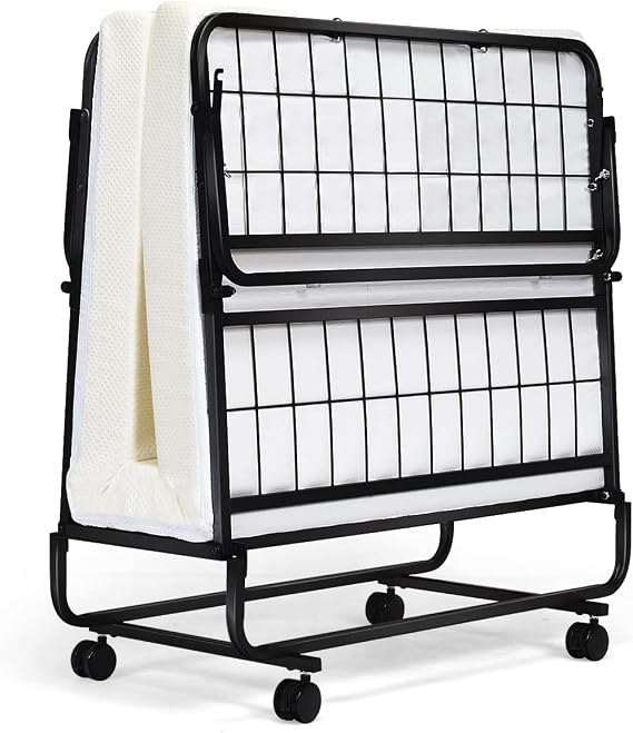 Folding Bed with Mattress for Adults, Twin Size Small Portable Bed Set w/Metal Frame & 4" Memory Foam Mattress, Foldable Sleeping Cot on Lockable Wheels, Rollaway Guest Bed