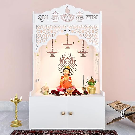 Intricate Jali Wooden Floor Temple with Spacious Shelf inbuilt Focus Light White