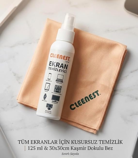 Ekran Temizleyici Seti – 125 ml Nazik Sprey & Yumuşacık 30x30 Kaşmir Bez – Tüm Ekranlar İçin Parlak Çözüm