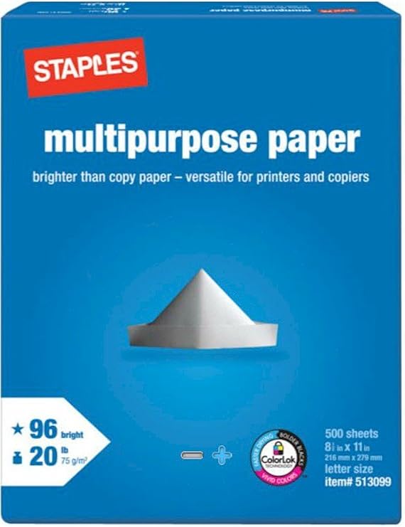Staples qU-HRAF-E8R9 Copy Paper 1 Reams Cases for HP, Xerox, Samsung, Kodak, and Cannon Printer, 500 Sheets