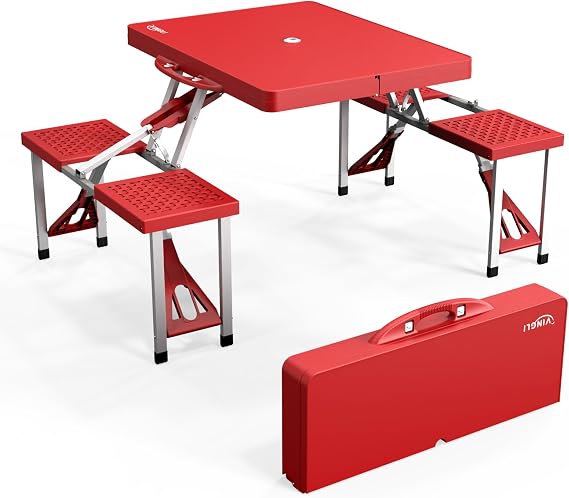VINGLI 4 Ft Portable Folding Picnic Table Camping Table Foldable Set with 4 Seats with Umbrella Hole Suitcase Card Table-220 Lbs Support Aluminum Frame, Plastic RV Tabletop for Yard, Travel