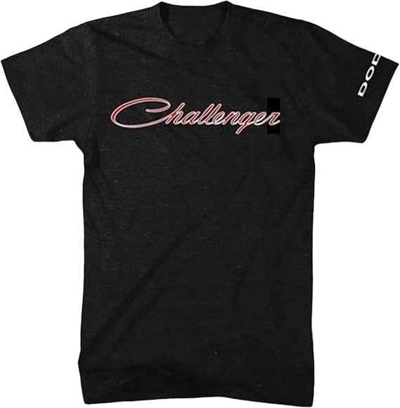 Dodge Challenger Script T-Shirt Black Cotton Graphic Tee with Sleeve Logo, Official Licensed Muscle Car Apparel