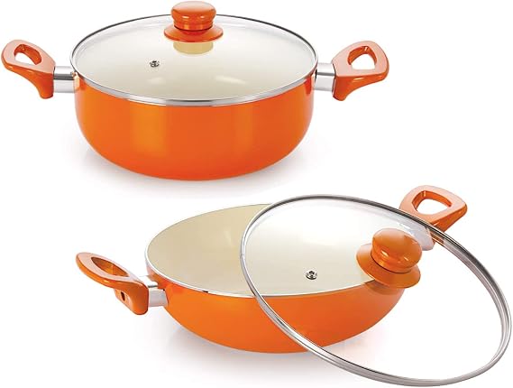 NIRLON Non-Stick Induction Ceramic Casserole and Kadhai with Glass Lid - Set of 2 (Orange)