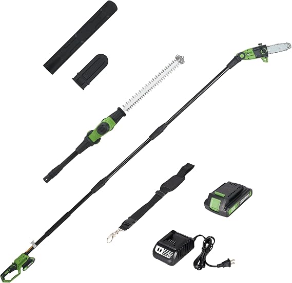 2-in-1 8" Cordless Pole Saw and 19" Pole Hedge Trimmer, Compatible with CURECURE 20V Battery, 9FT/9.37FT, 1500RPM Motor, Auto Oiling, Multi-Angle, Safety Lock, Use for Tree Trimming and Shrubs Pruning