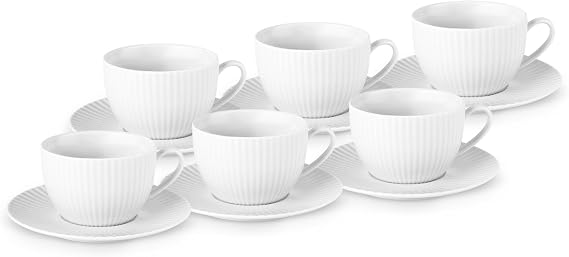 KARACA Seashell 12-Piece Porcelain Tea Cup & Saucer Set for 6, 200ml, Elegant Tea Cup Set with White Fluted Design, Ideal for Hot Beverages & Coffee