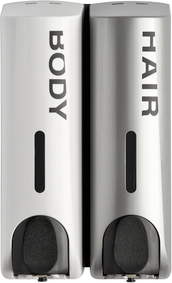 Duo Wall Mounted Shampoo Soap Shower Dispensers with 2x350ml Refillable Bottles, White/Silver