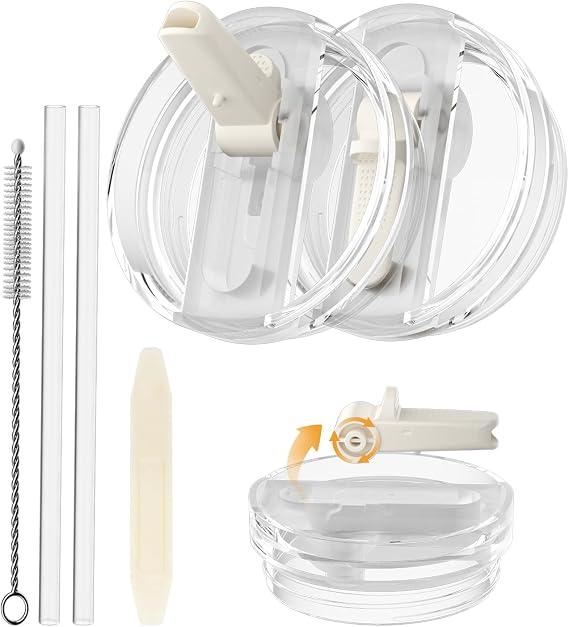 CloudValley 2 Pack Tumbler Flip Straw Lid Replacement for Stanley Quencher 40 oz, Spill-Proof Lids with Tritan Straw, [Detachable & Easy to Clean] Reusable Anti-Leak Cup Cover Accessories,white