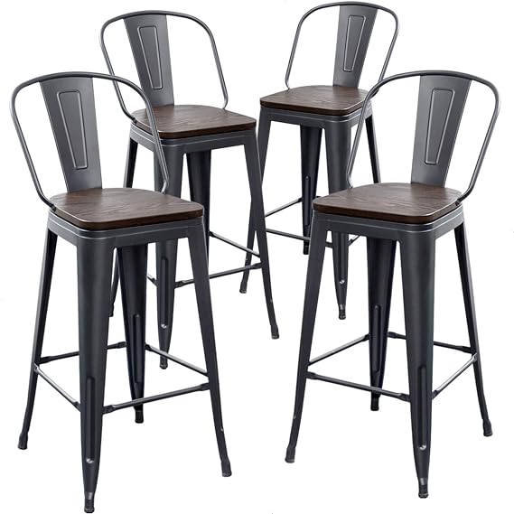 Tongli Counter Height Stool with Backs Counter Stools Metal Bar Stools Set of 4 Dining Kitchen Chairs High Back 30 Inches Bar Chairs Stools Matte Black