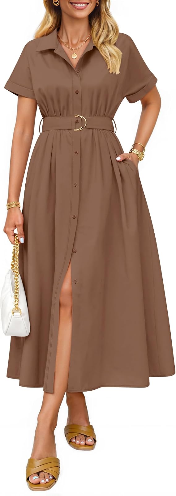 ZESICA Women's Summer Button Down Short Sleeve Midi Dress