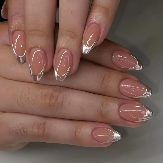 Press On Nails Silvery Medium Almond Fake Nails, Fashion French Tip Acrylic Full Cover False Nails Set, Natural Perfectly Reusable Stick On Nails Suitable for Women Girls