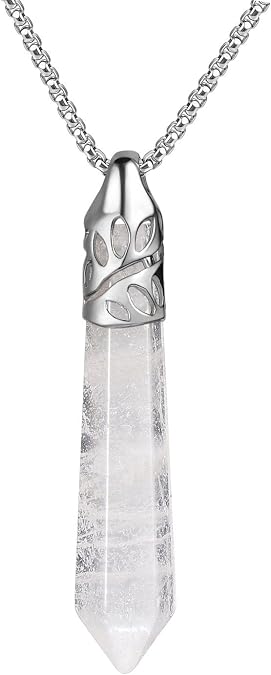 BEADNOVA Healing Crystal Necklace for Women Men White Quartz Pendant Energy Healing Gemstones Jewelry Pendulum Crystal Divination (Hexagonal, 18 Inches Stainless Steel Chain)