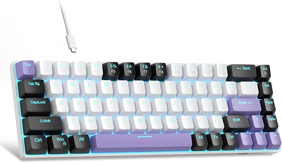 MageGee Portable 60% Mechanical Gaming Keyboard, LED Blue Backlit Compact 68 Keys Mini Wired Office Keyboard with Red Switch for Windows Laptop PC Mac - White/Purple