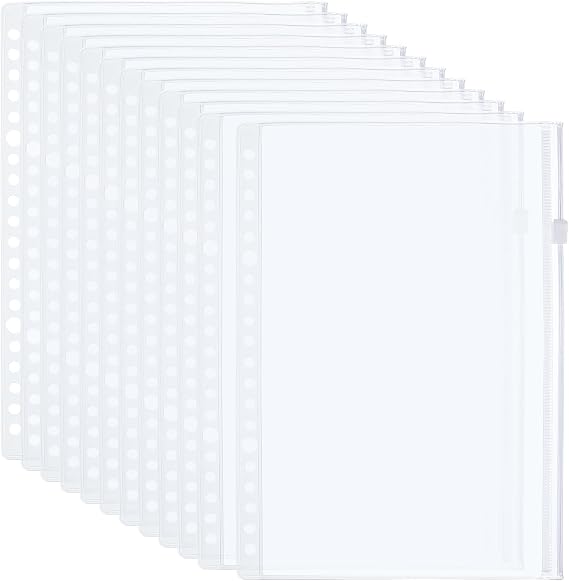 PATIKIL A5 Binder Pocket, 12 Pack PVC Zipper 20 Holes Binder Pouch Folders Document Waterproof Filing Storage Loose Leaf Bags for 20-Ring Notebook Binder, Clear