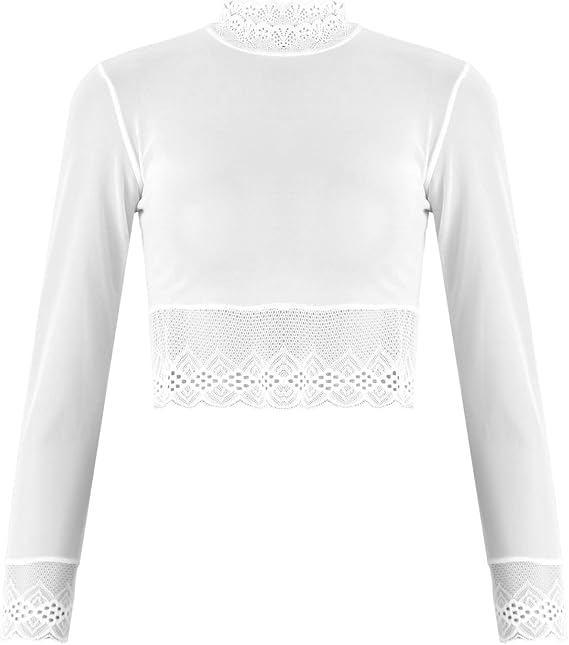 Long Sleeve Crop Top for Women Sexy Mesh Tee Shirt Lace Trim See Through Blouse Tops