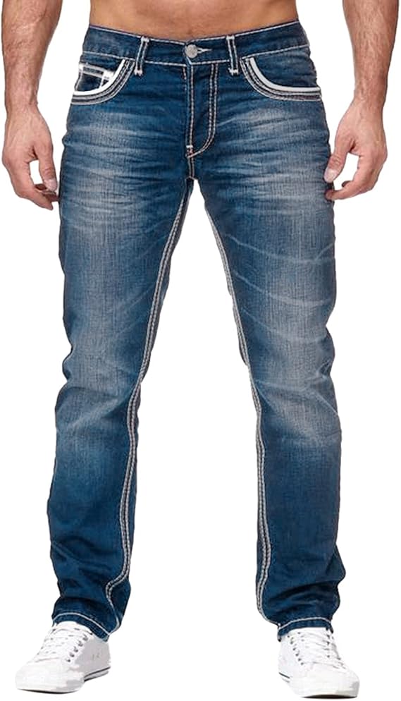 Men's Jeans Regular Fit Solid Denim Pants Straight Leg Flat-Front Pants Stretch Athletic Jeans Casual Work Wear Stylish Wrinkle-Resistant Pants Comfortable Lounge Trousers with Button & Zip Fly L