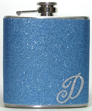Light Blue Personalized Silver Glitter 6 oz Liquor Hip Flask Flasks Gift