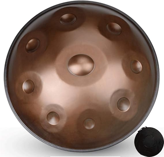Hand Drum Instrument - D Minor 9 Notes (D3/A3/bB3/C4/D4/E4/F4/G4/A4) 22 inches Diameter (Full Size) PC Steel - with Soft Hand Pan Bag, 2 handpan Mallet