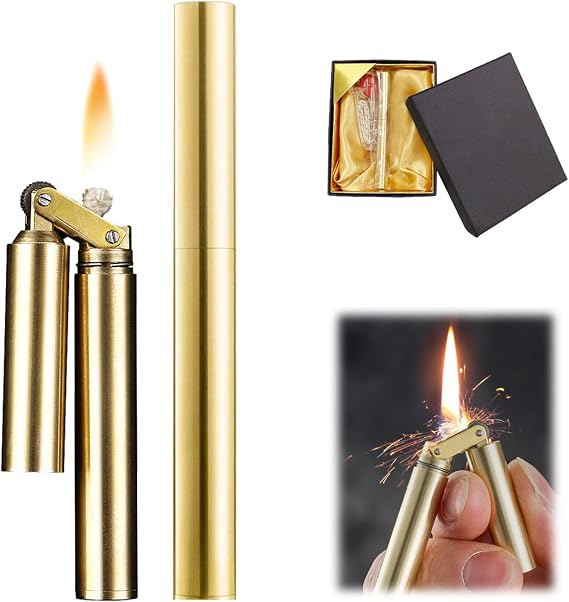 Kerosene Copper Lighter, Vintage Trench Lighter, Creative Windproof Brass Lighter Cool Wheel Kerosene Oil Lighter for Camping BBQ Kitchen, Gifts for Men Dad Husband (Gold)
