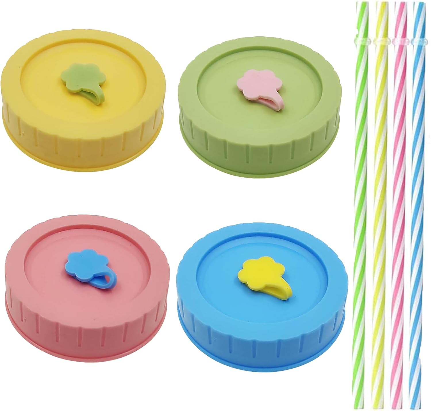 YFelomatric 4-Piece Mason Jar Lid with Holes, Reusable Screw Cap, Plastic & Silicone, Blue, Pink, Yellow, Green